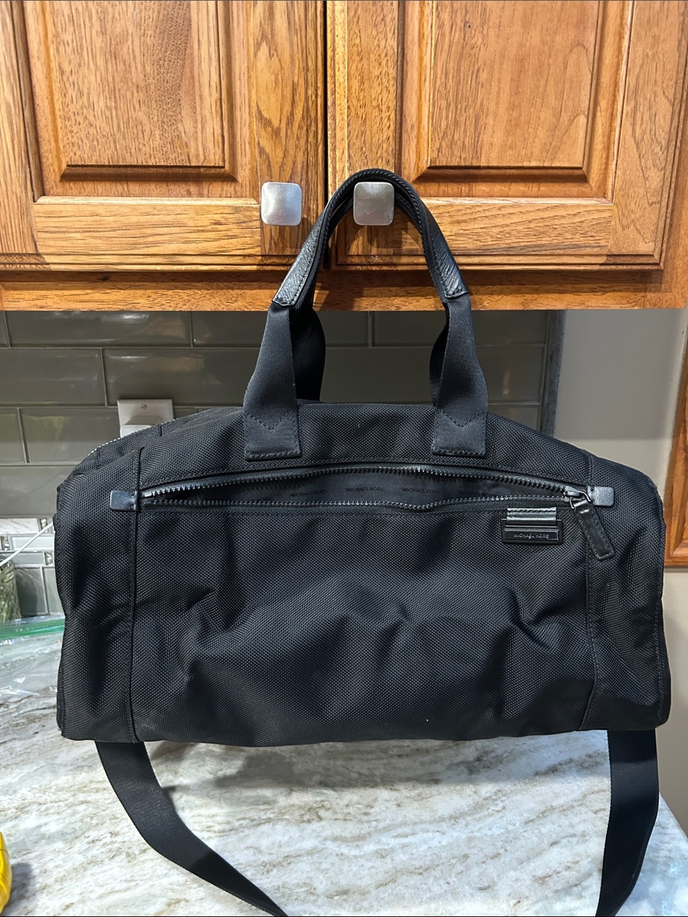 Michael Kors Black Nylon Duffel Bag  Travel Gym Carry-On w/ Leather Trim 19x12.